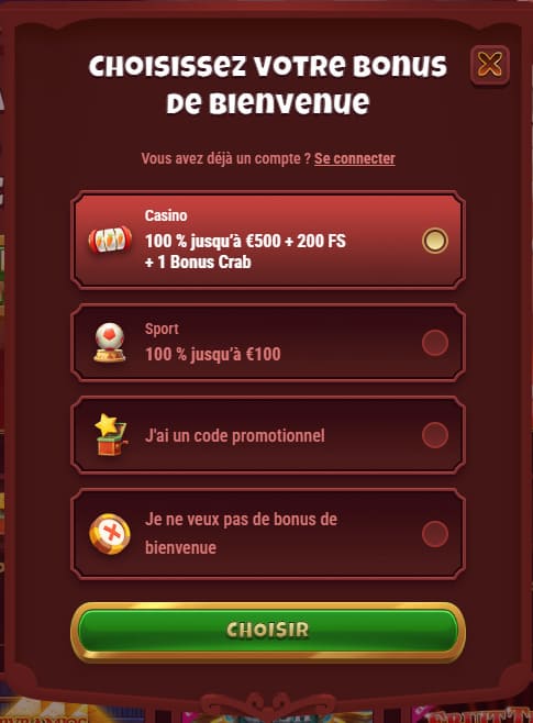 Magius Casino choix bonus bienvenue